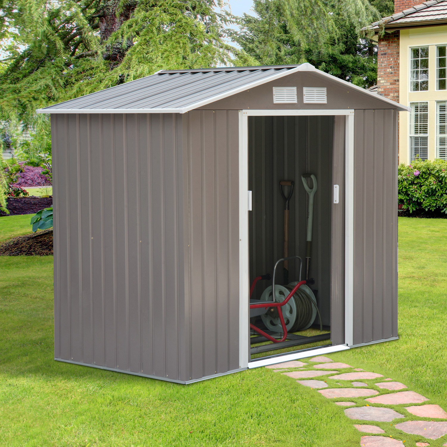 Outsunny 7 x 4FT Outdoor Storage Garden Shed w/2 Door Galvanised Metal Grey 5056029871843 eBay